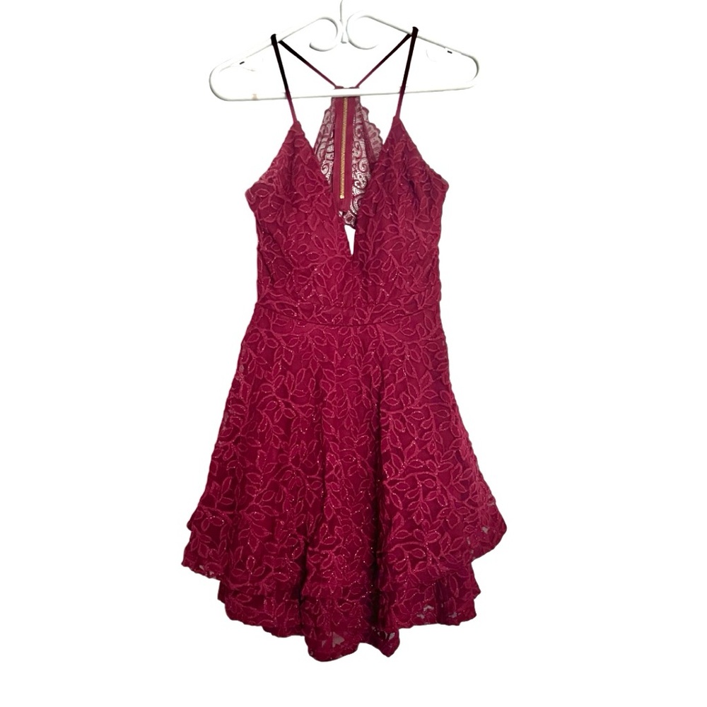 Elegant Red Wine Sparkle Lace Mini Dress